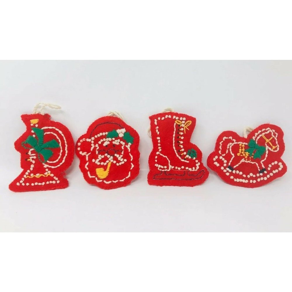 4 Vintage Felt Embroidered Christmas Ornaments